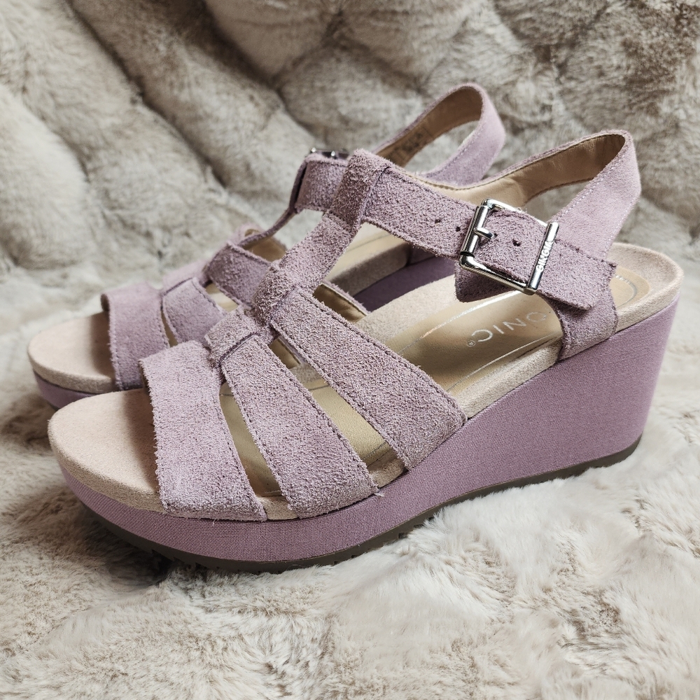 Vionic Purple‎ Mauve Suede Leather Tawny Wedge Strappy Sandals Size 7.5